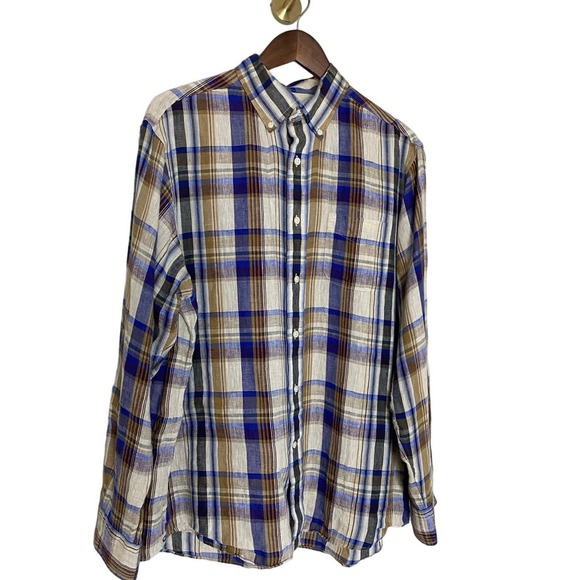 Cremieux Linen Button Down Mens Large Long Sleeve Purple Plaid $89.50 - Picture 1 of 6